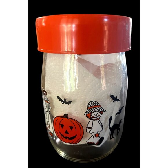 Vintage Carlton Glass Halloween Jar With Orange Lid & Trick-Or-Treat Characters - Picture 2 of 5